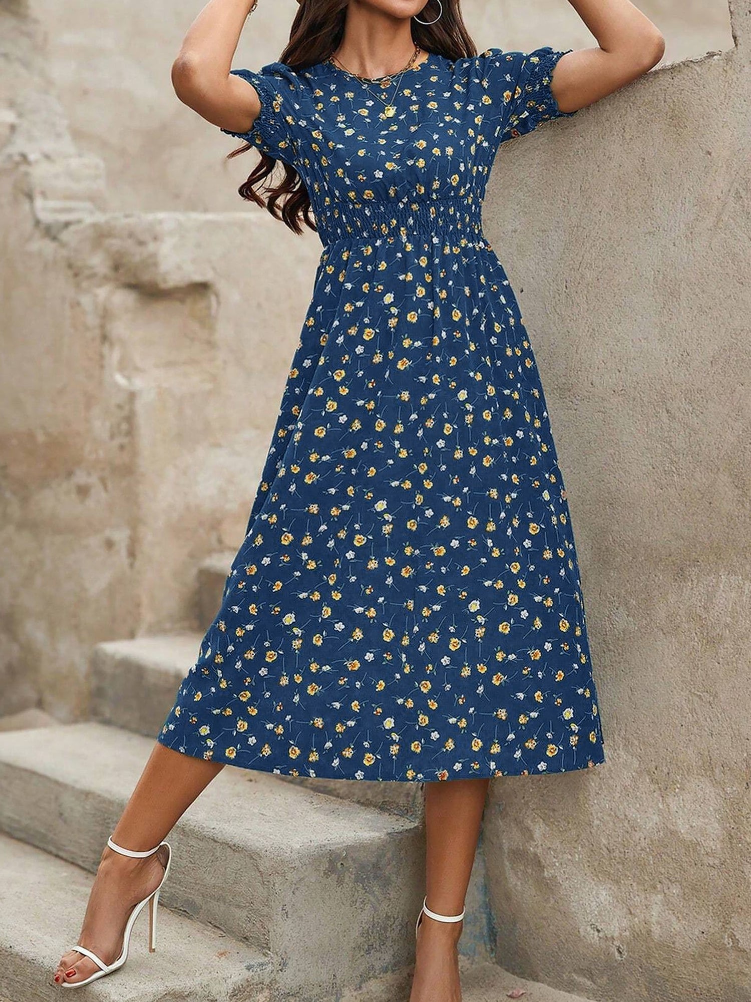 Eva | Floral Puff Sleeve Midi Dress | Feminine and Effortlessly Chic
